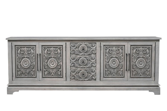 106" Gray Distressed Solid Wood Carved Floral Three Drawer Sideboard with Four Doors
