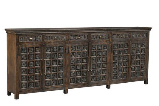 107" Brown Distressed Solid Wood Carved Floral Six Drawer Sideboard with Six Doors