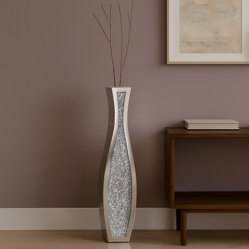 36" Silver Faux Crystal And Mirrored Glass Floor Vase