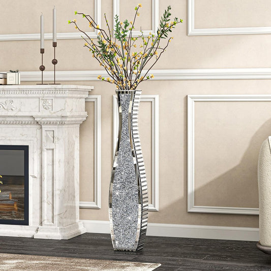 36" Silver Faux Crystal And Mirrored Glass Floor Vase