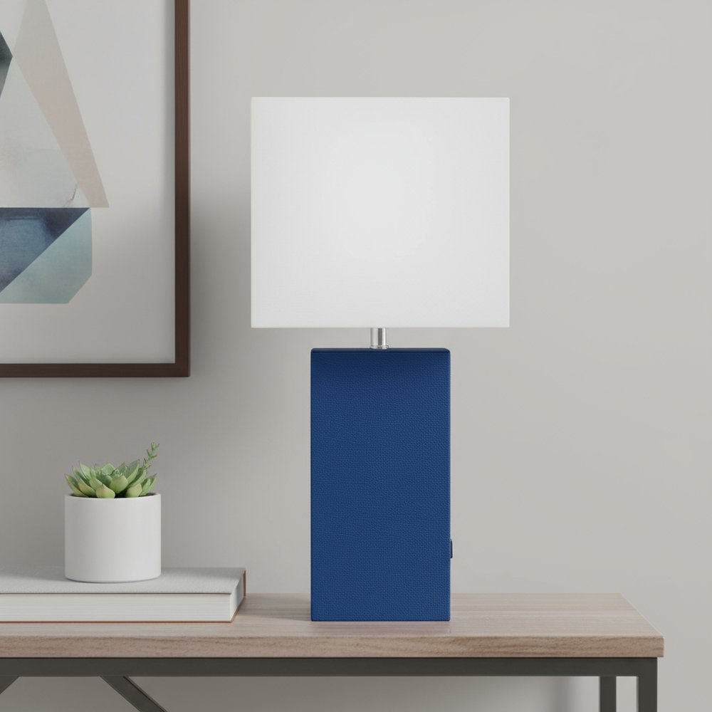 21" Blue Faux Leather USB Table Lamp With White Shade
