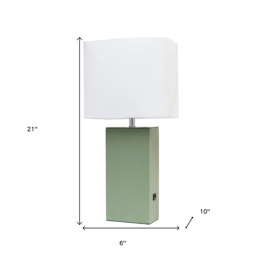 21" Sage Faux Leather USB Table Lamp With White Shade