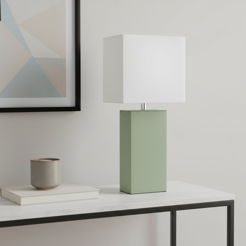 21" Sage Faux Leather USB Table Lamp With White Shade