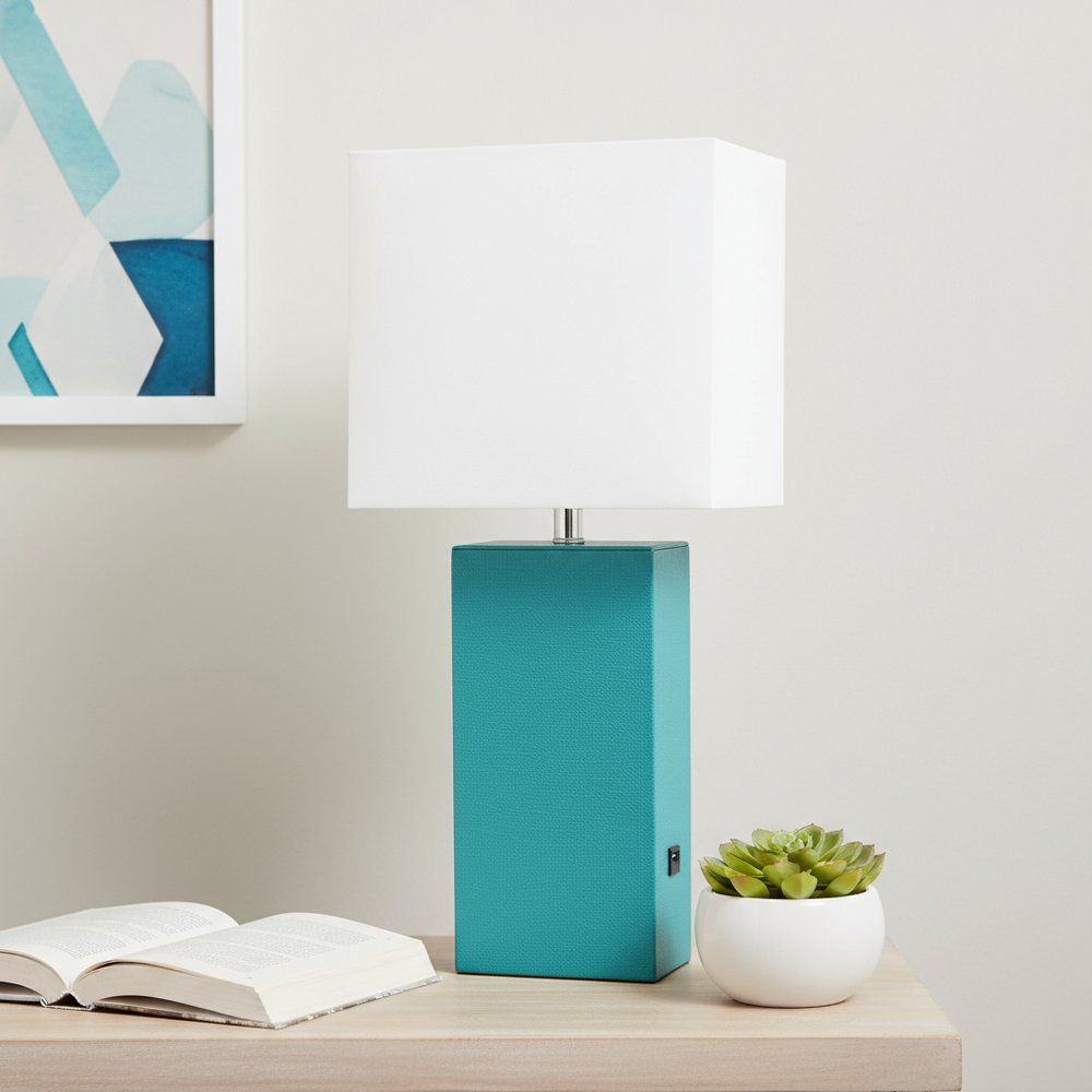 21" Teal Blue Faux Leather USB Table Lamp LED With White Shade