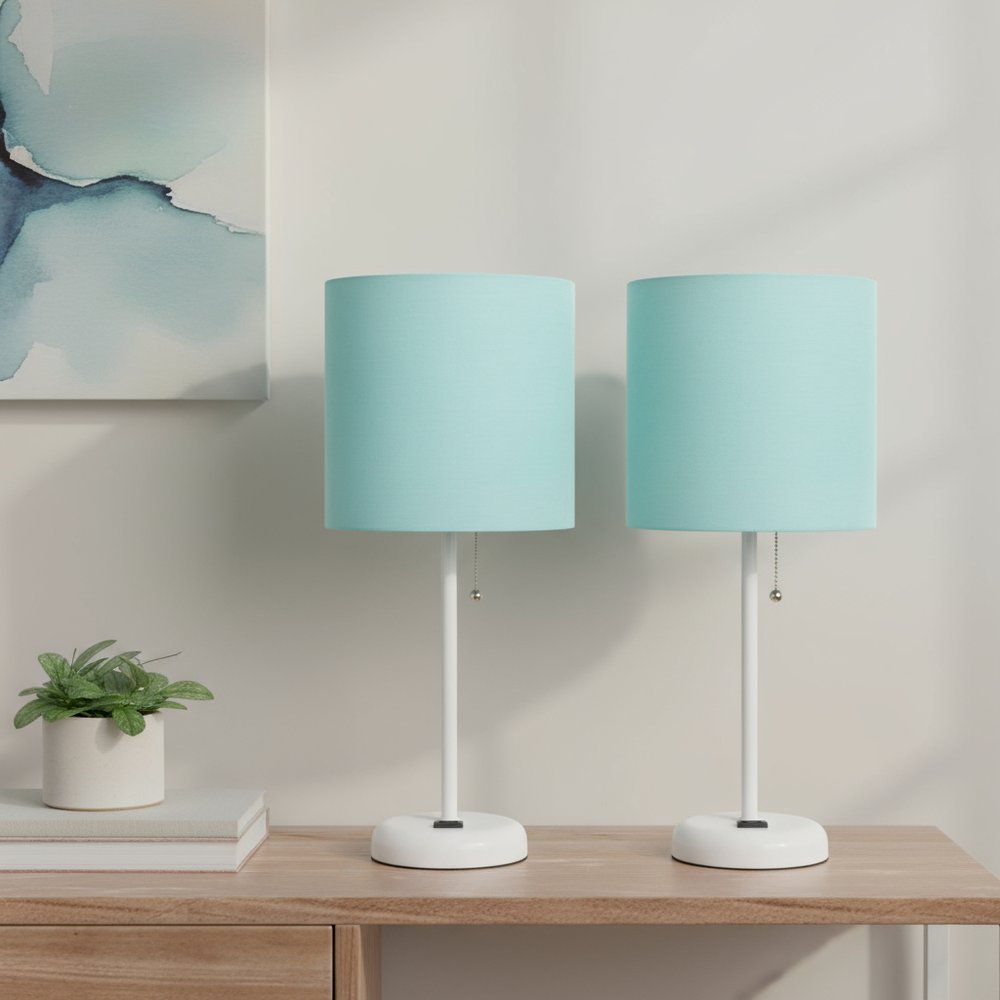 Set of Two 20" White Metal Table Lamp With Aqua Drum Shade