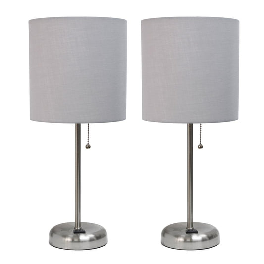 Set of Two 20" Silver Metal Table Lamp With Gray Drum Shade