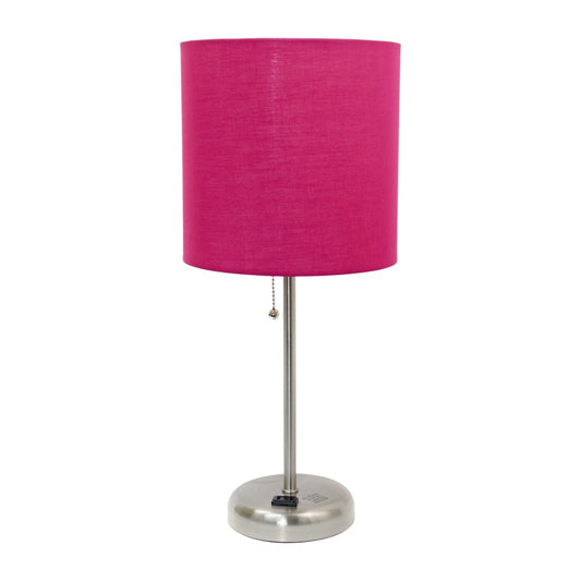 Set of Two 20" Silver Metal Table Lamp With Pink Drum Shade