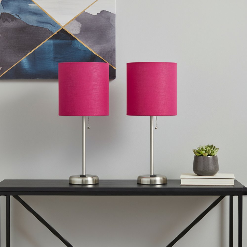 Set of Two 20" Silver Metal Table Lamp With Pink Drum Shade
