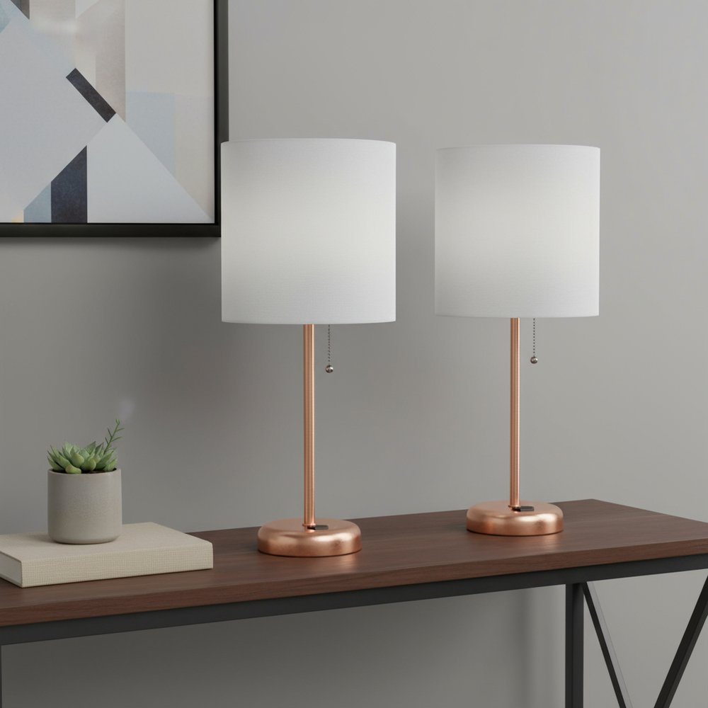 Set of Two 20" Rose Gold Metal Table Lamp With White Drum Shade