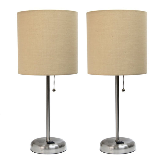 Set of Two 20" Silver Metal Table Lamp With Tan Drum Shade