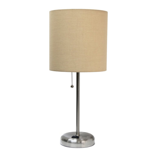 Set of Two 20" Silver Metal Table Lamp With Tan Drum Shade