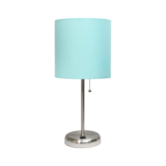 20" Silver Metal USB Table Lamp LED With Aqua Drum Shade