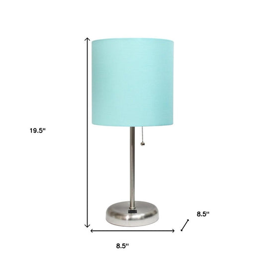 20" Silver Metal USB Table Lamp LED With Aqua Drum Shade