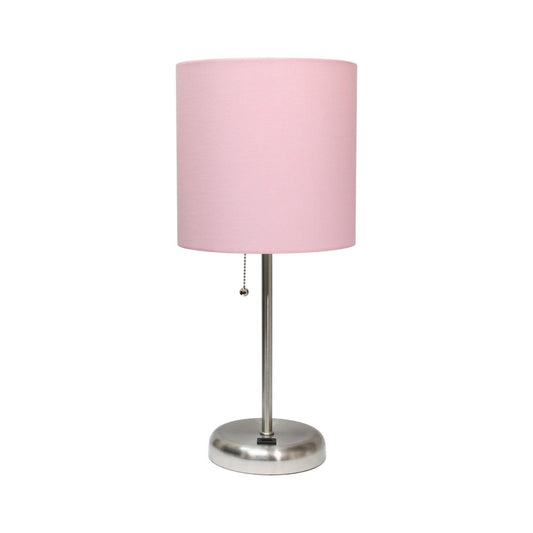 20" Silver Metal USB Table Lamp LED With Light Pink Drum Shade