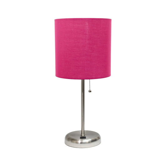20" Silver Metal USB Table Lamp LED With Pink Drum Shade