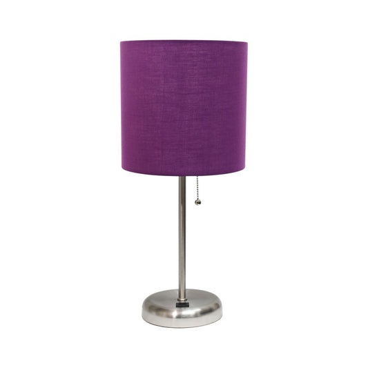 20" Silver Metal USB Table Lamp LED With Purple Drum Shade