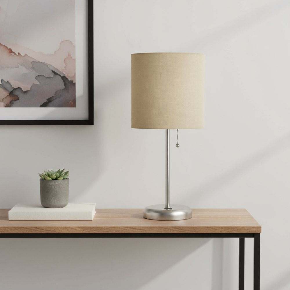20" Silver Metal USB Table Lamp LED With Tan Drum Shade