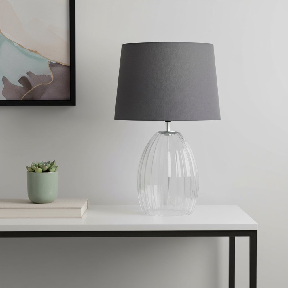 18" Clear Glass Novelty Table Lamp With Gray Drum Shade