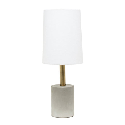 18" Gray And Antiqued Brass Concrete And Metal Table Lamp With White Drum Shade