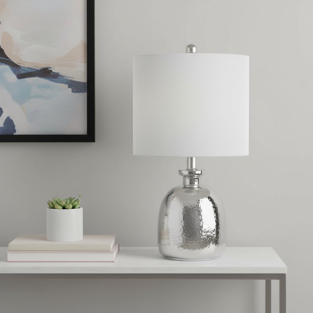 20" Silver Glass Round Table Lamp With Light Gray Drum Shade