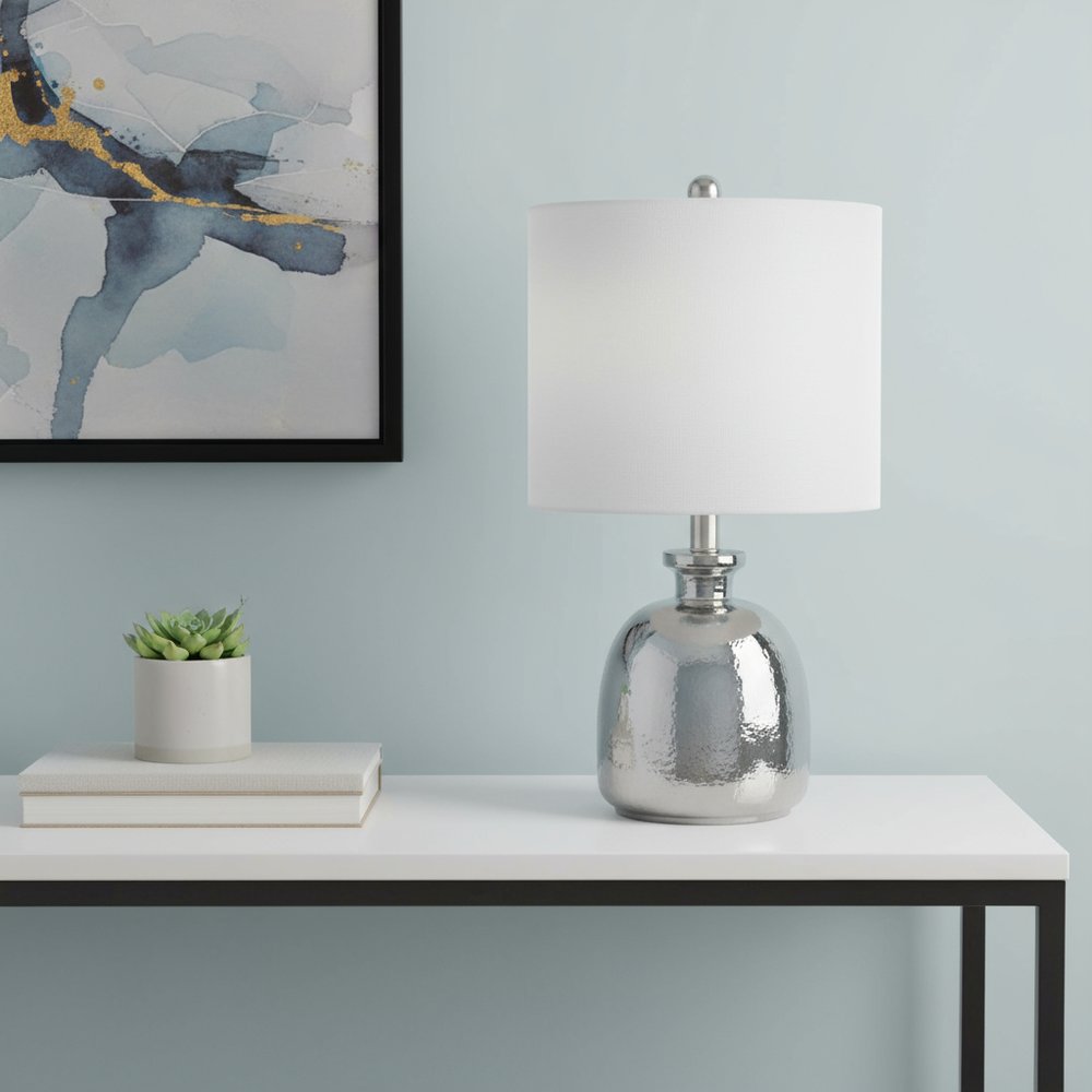 20" Gray Glass Novelty Table Lamp With White Drum Shade