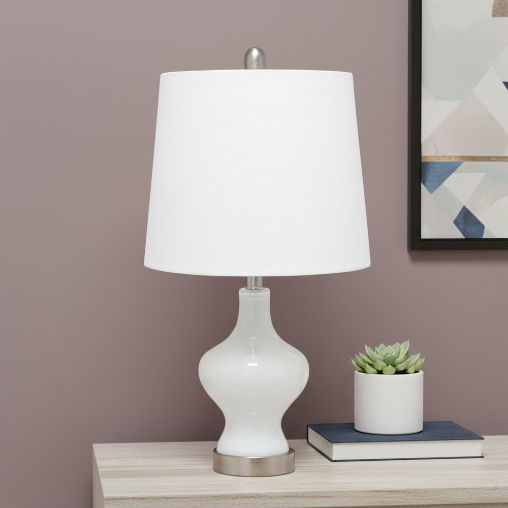 23" White And Silver Glass Gourd Table Lamp With White Drum Shade