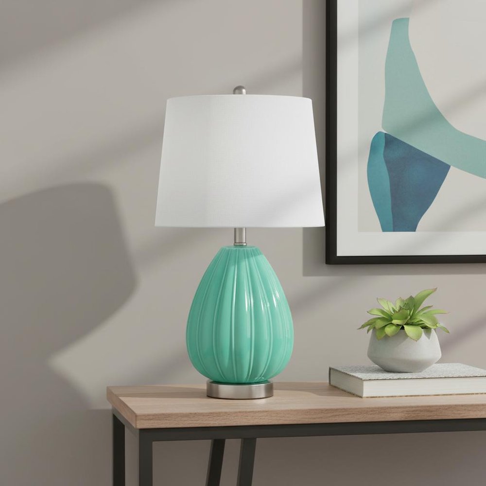 23" Sea Green And Silver Geometric Lines Table Lamp With White Drum Shade