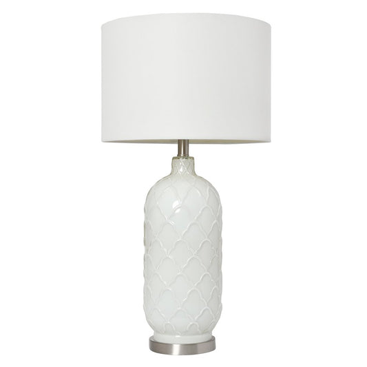 30" White And Nickel Glass Quatrefoil Table Lamp With White Drum Shade