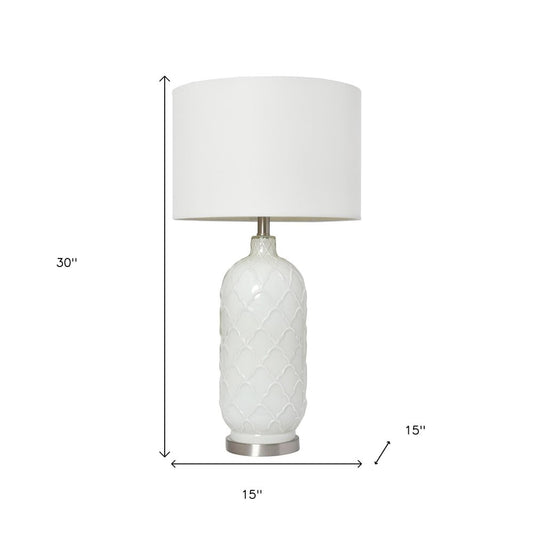30" White And Nickel Glass Quatrefoil Table Lamp With White Drum Shade