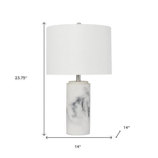 24" White And Black Faux Marble Concrete Table Lamp With White Drum Shade