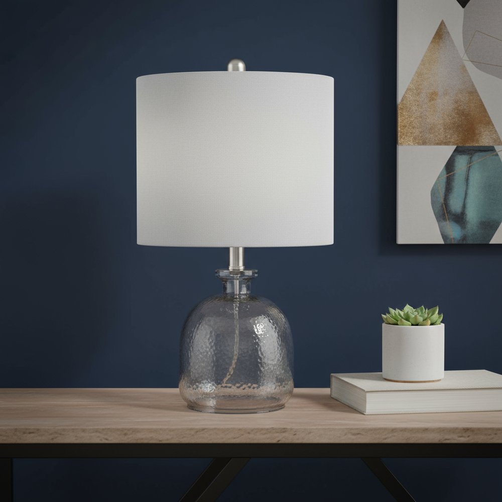 20" Gray Hammered Glass Round Table Lamp With Gray Drum Shade