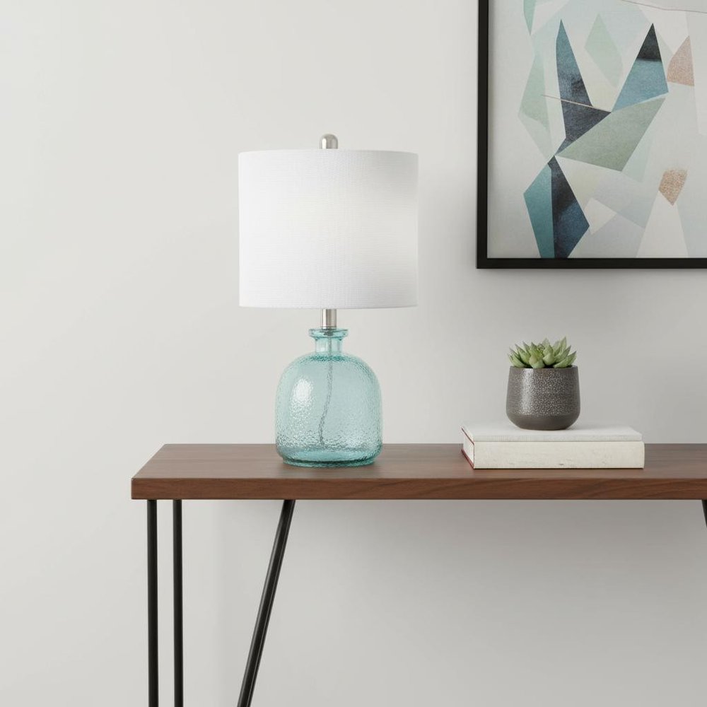 20" Blue Glass Round Table Lamp With White Drum Shade