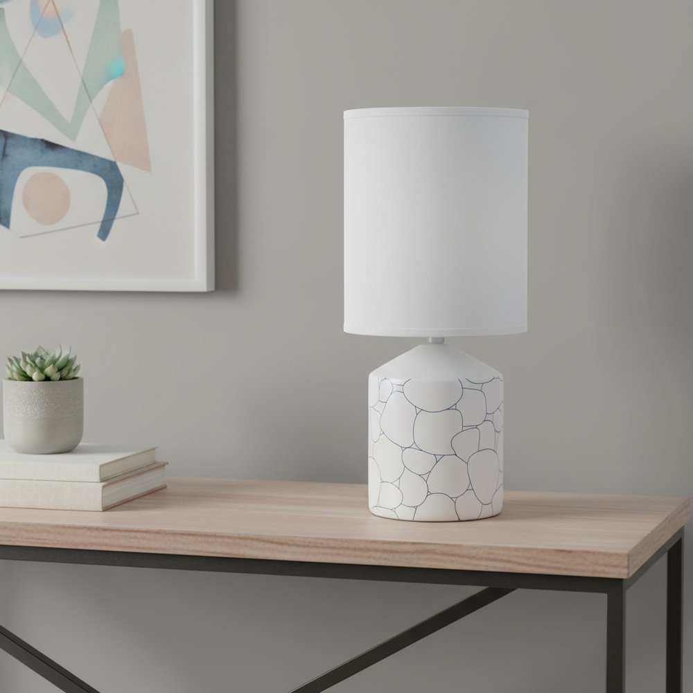 19" White And Stone Ceramic Table Lamp With White Cylinder Shade