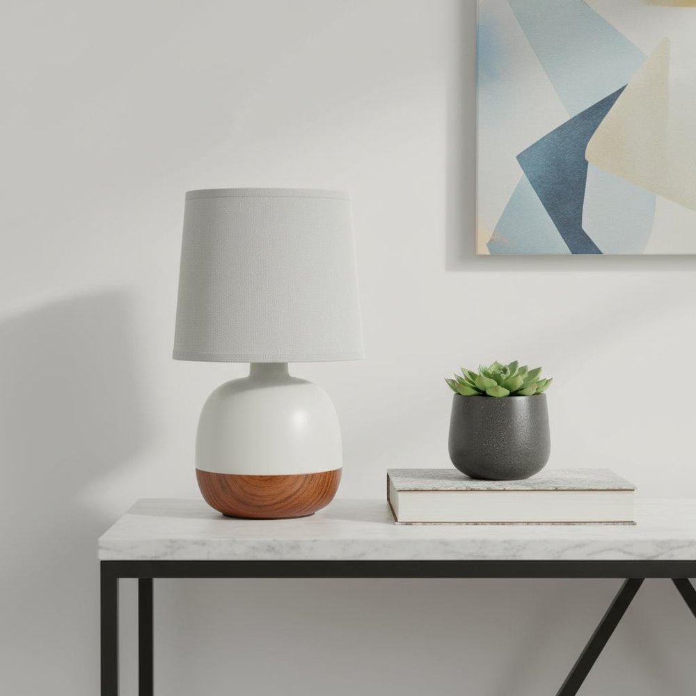 12" Dark Brown Ceramic Round Table Lamp With Gray Drum Shade