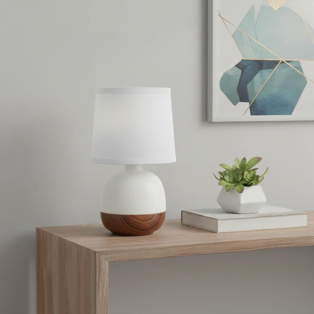 12" Dark Brown Ceramic Round Table Lamp With White Drum Shade