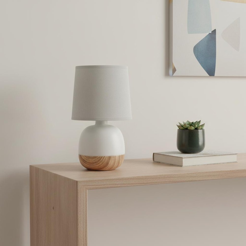 12" Light Brown Ceramic Round Table Lamp With Gray Drum Shade