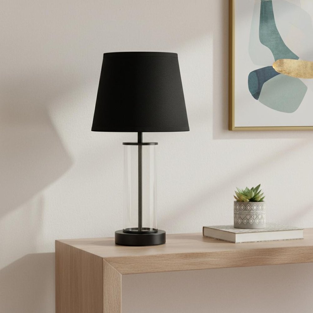 17" Black And Clear Glass And Metal Table Lamp With Black Drum Shade