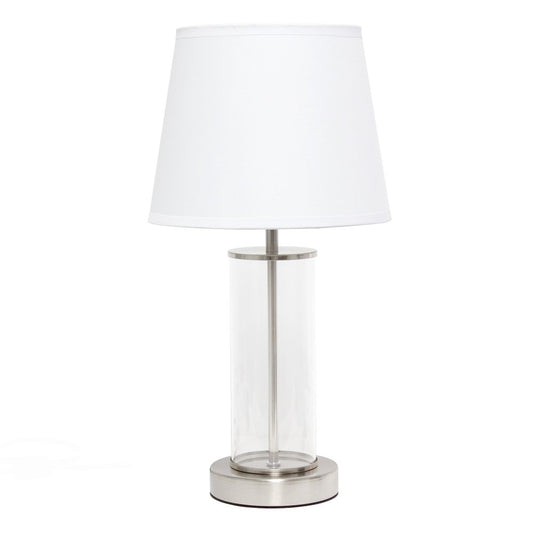 17" Nickel And Clear Glass And Metal Table Lamp With White Drum Shade