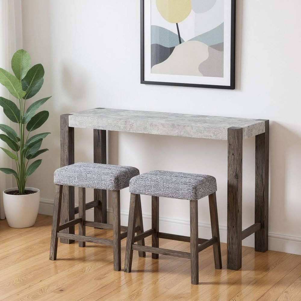 48" Three Piece Gray and Dark Brown Faux Marble and Solid Wood Rectangular Bar Set