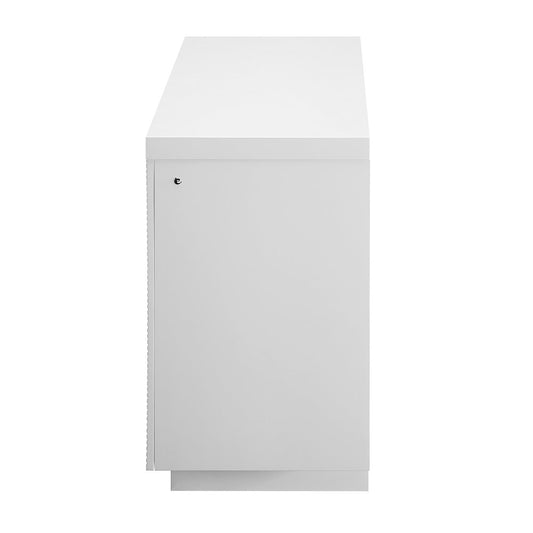 66" White Ribbed Wood Electric Storage Cabinet Fireplace With LED And Speaker
