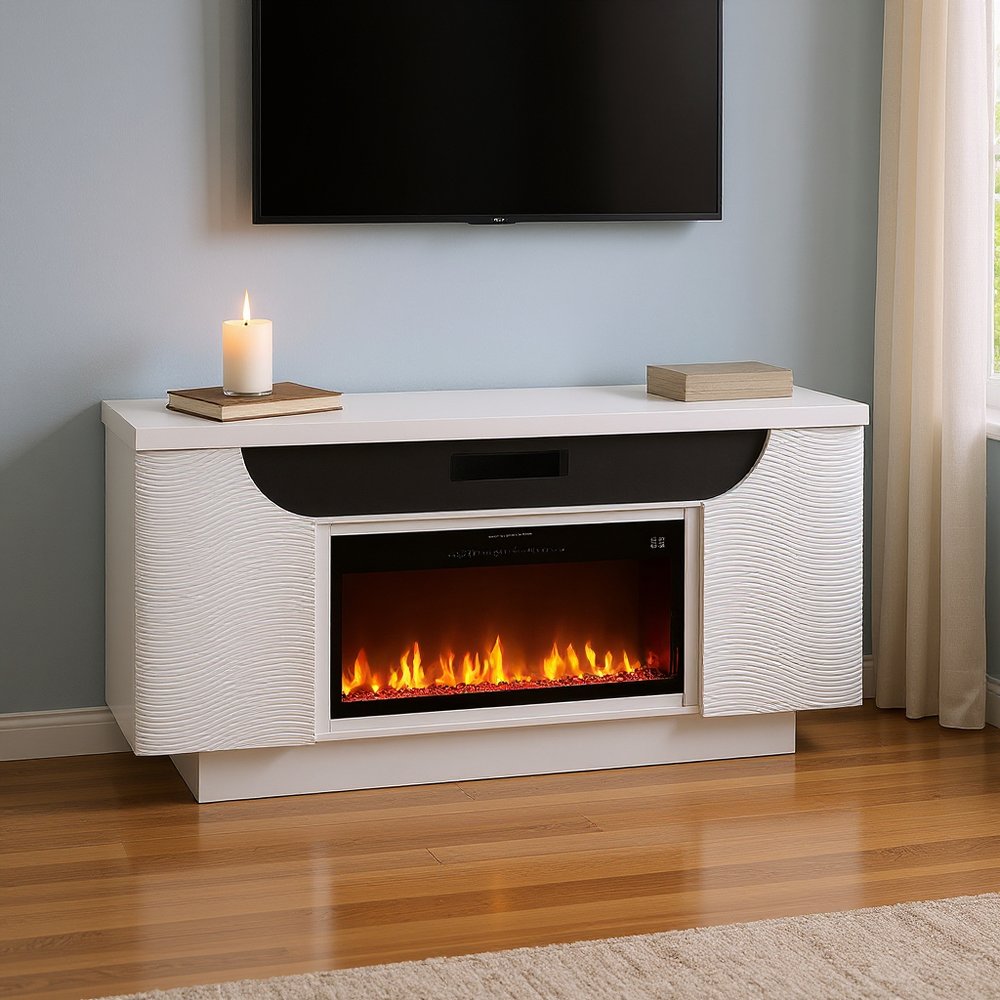 76" White Ribbed Wood Electric Storage Cabinet Fireplace With LED And Speaker