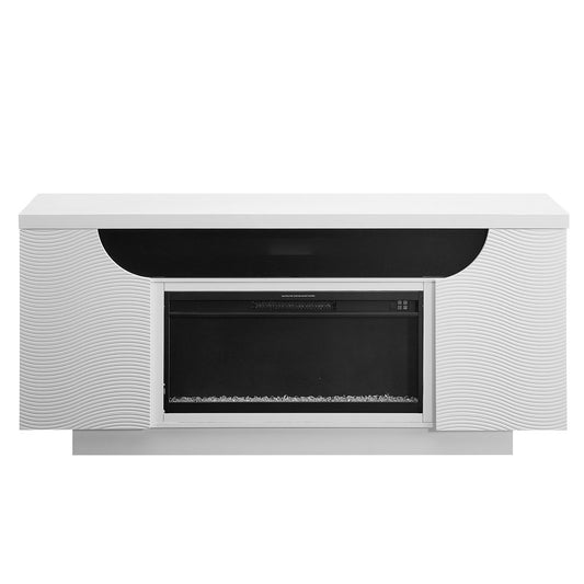 76" White Ribbed Wood Electric Storage Cabinet Fireplace With LED And Speaker