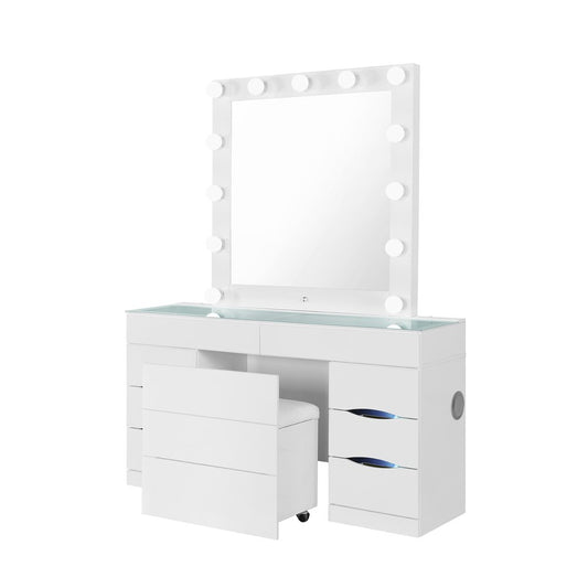 62" White Wood And Glass Six Drawer Vanity Table With Mirror Seating And Lights