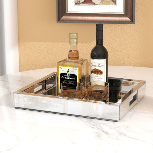 16" Silver Mirrored Glass Serving Tray With Handles