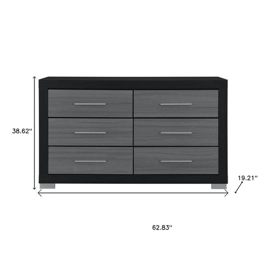 63" Black And Gray Wood Six Drawer Double Dresser