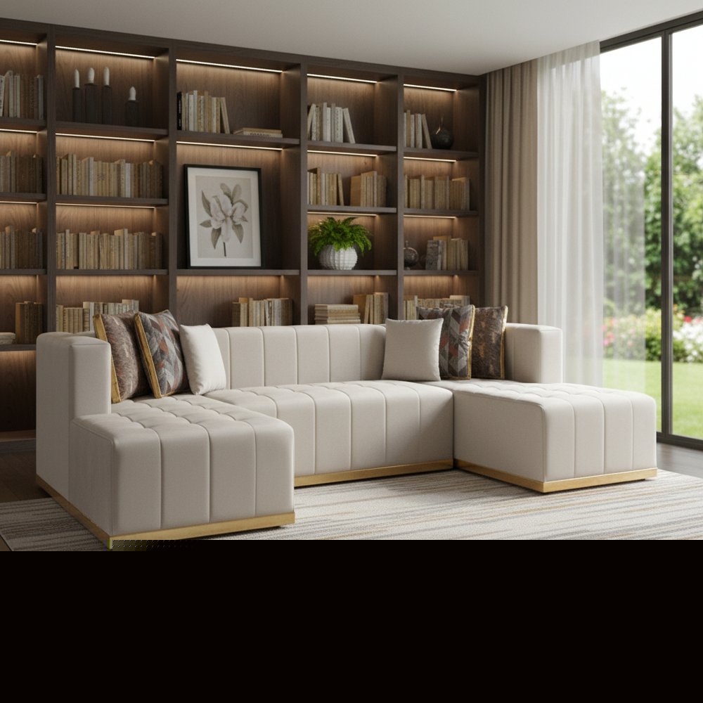 Ivory Velvet U Shaped Three Piece Sofa and Chaise Sectional With Toss Pillows