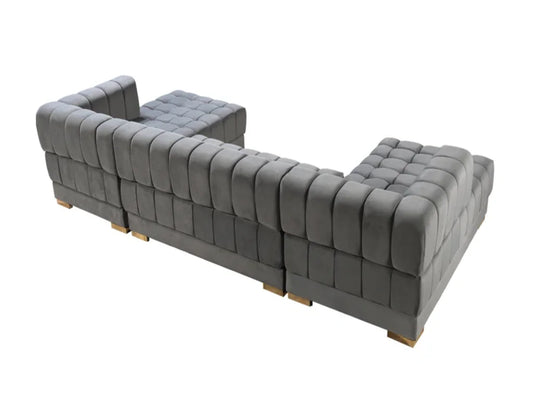 Gray Velvet U Shaped Three Piece Sofa and Chaise Sectional With Toss Pillows