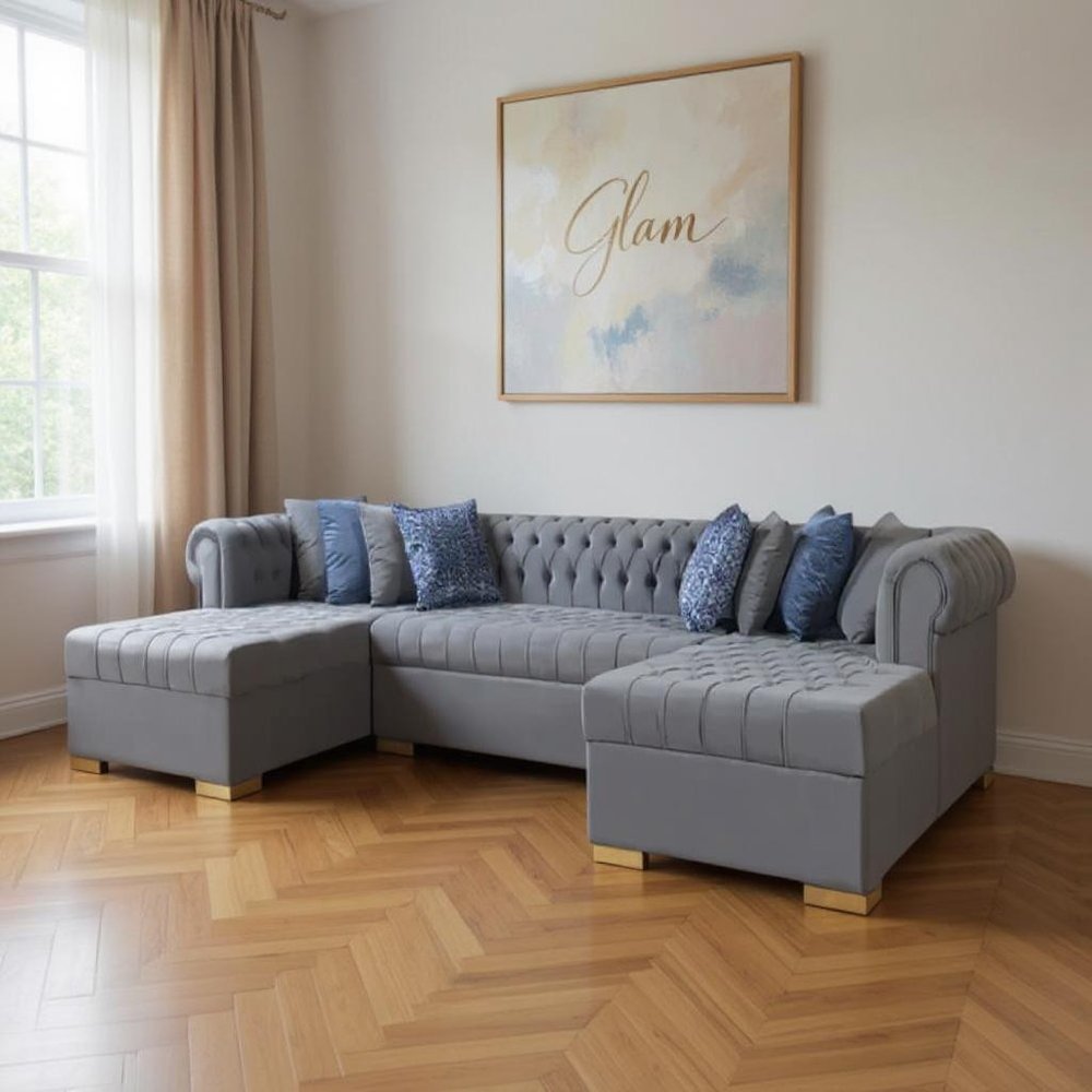 Gray Velvet U Shaped Three Piece Sofa and Chaise Sectional With Toss Pillows