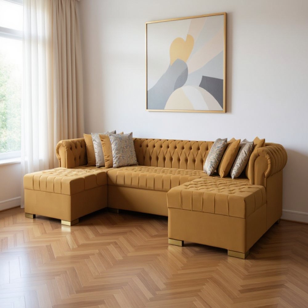 Mustard Velvet U Shaped Three Piece Sofa and Chaise Sectional With Toss Pillows