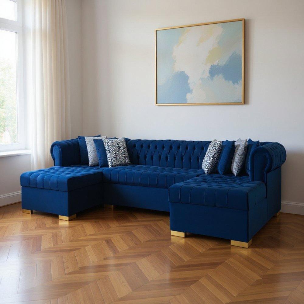 Blue Velvet U Shaped Three Piece Sofa and Chaise Sectional With Toss Pillows